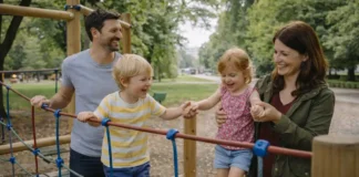 Детские площадки в Турине: лучшие парки, крытые игровые зоны и карта по районам Детские площадки в Турине - семейная прогулка в парке Семья с детьми на современной площадке в зелёном парке Турина, атмосфера спокойной прогулки, городская природа.