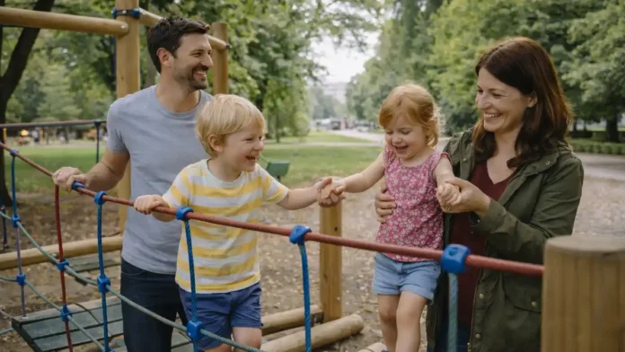 Детские площадки в Турине - семейная прогулка в парке Семья с детьми на современной площадке в зелёном парке Турина, атмосфера спокойной прогулки, городская природа.