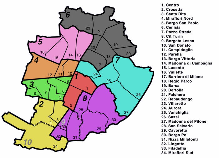 Карта районов Турина по номерам circolazioni Детские площадки в Турине