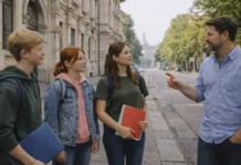 Лучшие лицеи Турина 2026-2027: свежий рейтинг Eduscopio и сроки поступления Лицеи Турина: рейтинг Eduscopio 2025 и выбор школы Семейный выбор школы в Турине, современная городская атмосфера, учебная тема без текста и логотипов