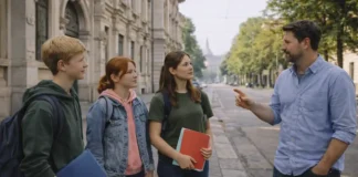 Лучшие лицеи Турина 2026-2027: свежий рейтинг Eduscopio и сроки поступления Лицеи Турина: рейтинг Eduscopio 2025 и выбор школы Семейный выбор школы в Турине, современная городская атмосфера, учебная тема без текста и логотипов