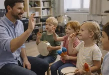 Музыкальные школы Турина для детей: куда отдать ребёнка и как выбрать в 2026 году Музыкальные школы Турина для детейДети 6-10 лет на групповом музыкальном занятии в светлом классе в Турине, преподаватель показывает ритм, у детей простые ударные инструменты