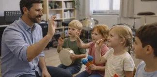 Музыкальные школы Турина для детей: куда отдать ребёнка и как выбрать в 2026 году Музыкальные школы Турина для детейДети 6-10 лет на групповом музыкальном занятии в светлом классе в Турине, преподаватель показывает ритм, у детей простые ударные инструменты