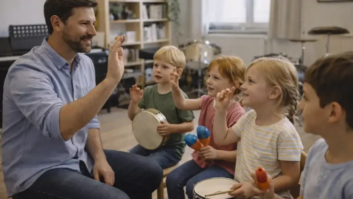 Музыкальные школы Турина для детейДети 6-10 лет на групповом музыкальном занятии в светлом классе в Турине, преподаватель показывает ритм, у детей простые ударные инструменты