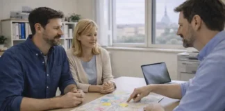 Покупка квартиры в Турине: районы, цены 2026, стратегия и безопасная сделка с русскоязычным сопровождением Покупка квартиры в Турине - районы и инвестиции 2025 Пара 30-45 лет с консультантом смотрят карту районов Турина и план сделки, современный офис, естественный дневной свет, без логотипов.