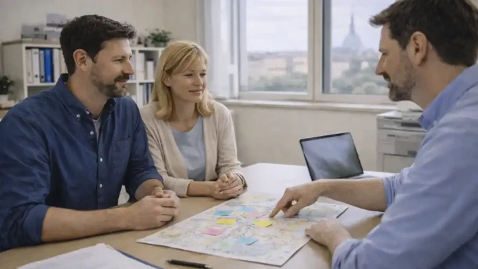 pokupka-kvartiry-turin-investicii-2025 Покупка квартиры в Турине - районы и инвестиции 2025 Пара 30-45 лет с консультантом смотрят карту районов Турина и план сделки, современный офис, естественный дневной свет, без логотипов.