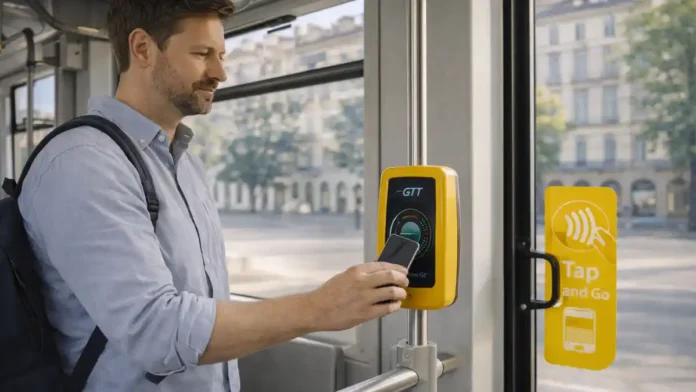 Оплата проезда в Турине картой или смартфоном - Tap and Go GTT Валидатор Tap and Go в транспорте Турина, оплата бесконтактной картой или телефоном
