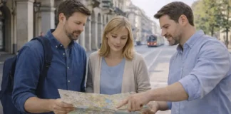 Жизнь в Турине: районы, цены на жилье, работа и переезд в 2026 Жизнь в Турине: районы, цены на жилье и переезд Дневная городская сцена в Турине, люди обсуждают районы и карту, атмосфера спокойная и современная.