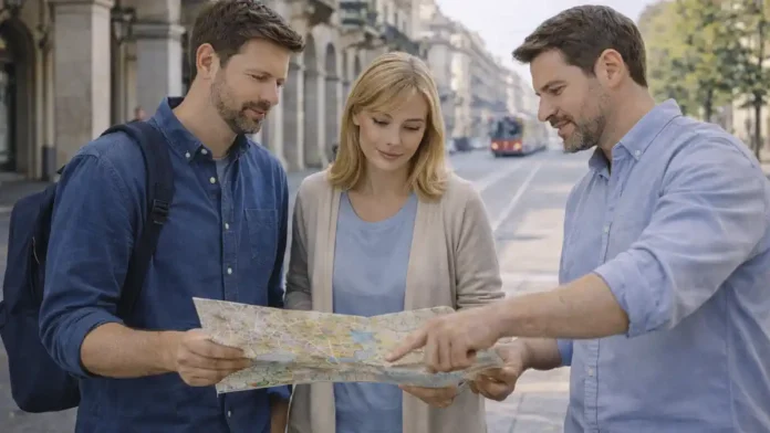 zhizn-v-turine-2026-raiony-ceny Жизнь в Турине: районы, цены на жилье и переезд Дневная городская сцена в Турине, люди обсуждают районы и карту, атмосфера спокойная и современная.