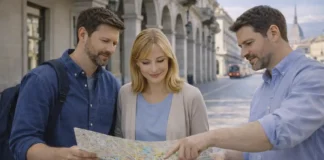 Турин за 2 дня: идеальный маршрут по центру, музеям и видам Турин за 2 дня - маршрут по центру и лучшие виды Пара туристов с картой в центре Турина, аркады, спокойная городская атмосфера, на фоне силуэты исторических зданий и Альпы