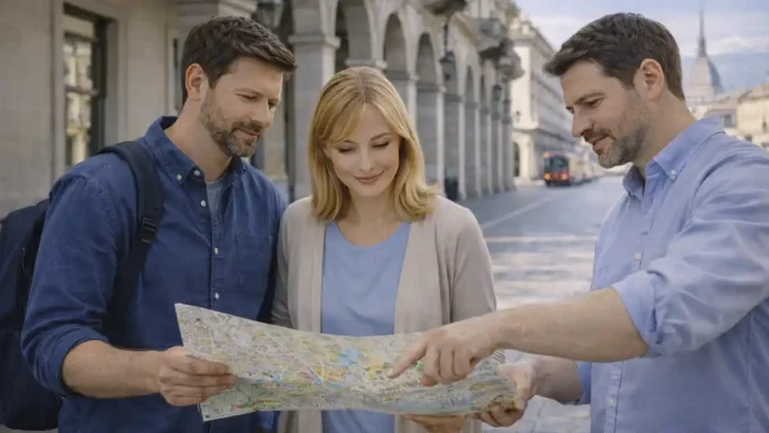 turin-za-dva-dnya-kuda-pojti Турин за 2 дня - маршрут по центру и лучшие виды Пара туристов с картой в центре Турина, аркады, спокойная городская атмосфера, на фоне силуэты исторических зданий и Альпы