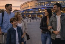 Цирк дю Солей в Турине: как попасть на шоу, где купить билеты и что знать заранее Cirque du Soleil в Турине - зрители перед ареной и атмосфера шоу Вечер в Турине у современной арены, люди идут на яркое шоу, без логотипов и текста.