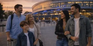 Цирк дю Солей в Турине: как попасть на шоу, где купить билеты и что знать заранее Cirque du Soleil в Турине - зрители перед ареной и атмосфера шоу Вечер в Турине у современной арены, люди идут на яркое шоу, без логотипов и текста.