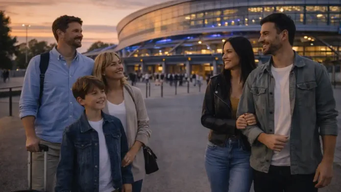 Cirque du Soleil в Турине - зрители перед ареной и атмосфера шоу Вечер в Турине у современной арены, люди идут на яркое шоу, без логотипов и текста.