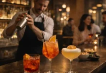 Коктейли в Турине: где выпить лучший аперитив и авторские миксы — карта баров и советы Коктейли в Турине - аперитив и лучшие бары Вечерний аперитив в стильном баре Турина, атмосфера итальянской миксологии без брендов и текста.