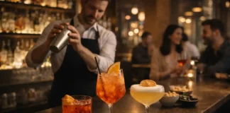 Коктейли в Турине: где выпить лучший аперитив и авторские миксы — карта баров и советы Коктейли в Турине - аперитив и лучшие бары Вечерний аперитив в стильном баре Турина, атмосфера итальянской миксологии без брендов и текста.