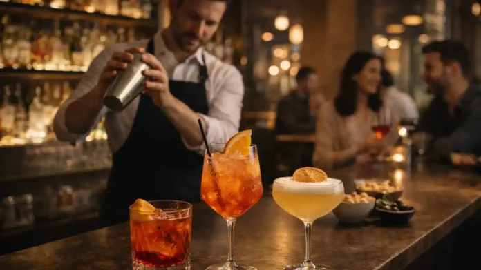 koktail-turin Коктейли в Турине - аперитив и лучшие бары Вечерний аперитив в стильном баре Турина, атмосфера итальянской миксологии без брендов и текста.