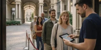 Open House Torino: замки, дворцы и закрытые локации Пьемонта бесплатно Open House Torino в Турине: бесплатные дворцы и скрытые локации Пьемонта Турин, центр города, очередь у исторического дворца и люди, входящие в красивый внутренний двор в день Open House, дневной свет, атмосфера города.