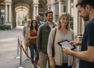 Open House Torino: замки, дворцы и закрытые локации Пьемонта бесплатно Open House Torino в Турине: бесплатные дворцы и скрытые локации Пьемонта Турин, центр города, очередь у исторического дворца и люди, входящие в красивый внутренний двор в день Open House, дневной свет, атмосфера города.