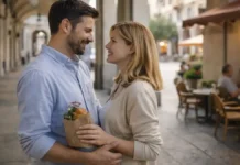 Искусство любви по-итальянски: Как выразить чувства словами и жестами Как итальянцы выражают любовь в Италии и Турине Тёплая городская сцена в Турине, пара общается на фоне исторических улиц, акцент на естественных эмоциях и жестах