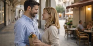 Искусство любви по-итальянски: Как выразить чувства словами и жестами Как итальянцы выражают любовь в Италии и Турине Тёплая городская сцена в Турине, пара общается на фоне исторических улиц, акцент на естественных эмоциях и жестах