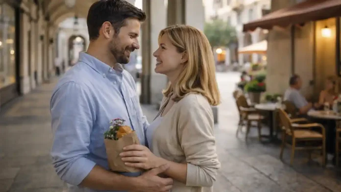 Как итальянцы выражают любовь в Италии и Турине Тёплая городская сцена в Турине, пара общается на фоне исторических улиц, акцент на естественных эмоциях и жестах