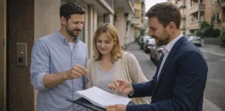 Как снять квартиру в Италии и не попасть в ловушку: документы, договор, депозит и чеклист Как снять квартиру в Италии: договор, ключи и чеклист перед заселением Сцена в итальянском городе: пара рассматривает договор аренды и ключи от квартиры, рядом папка с документами и чеклист без читаемых данных, спокойная дневная атмосфера