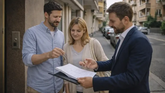 Как снять квартиру в Италии: договор, ключи и чеклист перед заселением Сцена в итальянском городе: пара рассматривает договор аренды и ключи от квартиры, рядом папка с документами и чеклист без читаемых данных, спокойная дневная атмосфера