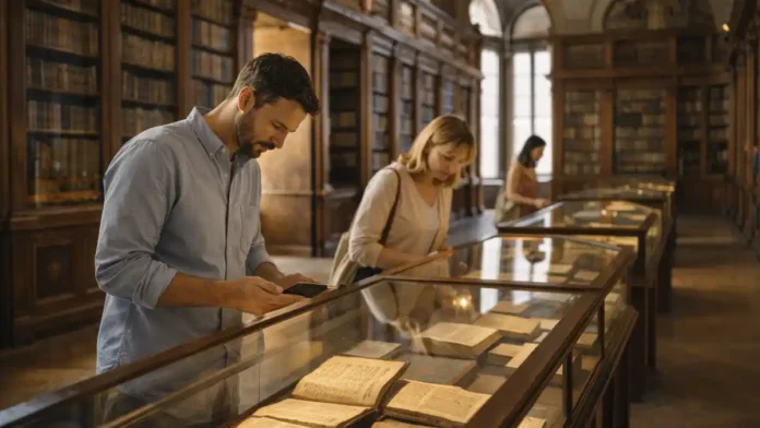 Королевская библиотека Турина: монументальный зал и витрины в Королевском дворце