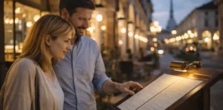 Лучшие мишленовские рестораны Турина — звезды, гид и места, которые реально стоит попробовать Мишленовские рестораны Турина - гастрономический гид 2025 Вечерний Турин, уютная улица с огнями и витринами ресторанов, пара выбирает место по меню, атмосфера гастрономического города