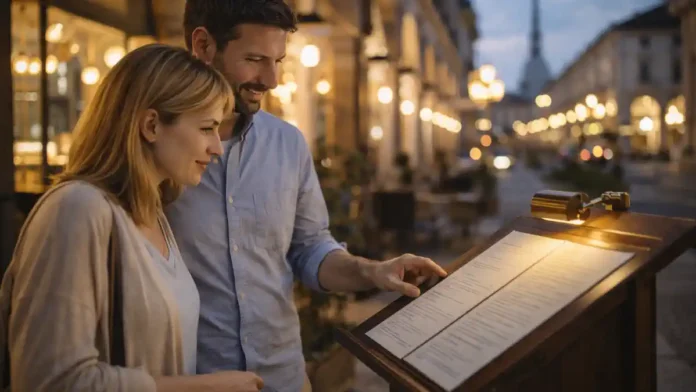 luchshie-mishlenovskie-restorany-turina Мишленовские рестораны Турина - гастрономический гид 2025 Вечерний Турин, уютная улица с огнями и витринами ресторанов, пара выбирает место по меню, атмосфера гастрономического города