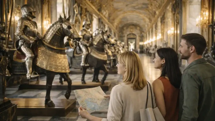 orujeini-muzei-v_turine Королевская оружейная палата Турина: парадная галерея доспехов и исторического оружия в комплексе Королевских музеев Панорамный вид на экспозицию доспехов и оружия в Королевской оружейной палате Турина, атмосфера исторического наследия Савойи