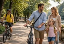 Парк Пеллерина в Турине: как спланировать идеальный день, что посмотреть и где отдыхать Парк Пеллерина в Турине - прогулка у реки и отдых на природе Широкий кадр парка у воды с прогулочной дорожкой и людьми на отдыхе, без толпы, дневной свет.