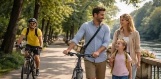 Парк Пеллерина в Турине: как спланировать идеальный день, что посмотреть и где отдыхать Парк Пеллерина в Турине - прогулка у реки и отдых на природе Широкий кадр парка у воды с прогулочной дорожкой и людьми на отдыхе, без толпы, дневной свет.