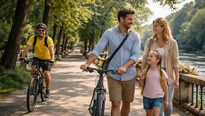 park-pellerina-turin-gid Парк Пеллерина в Турине - прогулка у реки и отдых на природе Широкий кадр парка у воды с прогулочной дорожкой и людьми на отдыхе, без толпы, дневной свет.