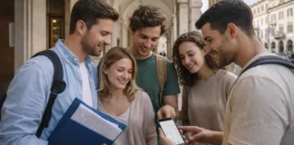 Университеты и институты Турина: полный путеводитель для студентов Учеба в Турине: студенты выбирают университеты и программы в Италии Турин днем, студенты 18-26 лет у исторического здания университета, у одного ноутбук, у другого карта города и документы, спокойная атмосфера, без толпы, без текста и вывесок, современная Италия.