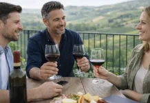 Бароло — вино королей и король вин: полный гид по Nebbiolo, DOCG, вкусу, выдержке и поездке в Ланге Бароло из Пьемонта - дегустация вина в Ланге Премиальная фотореалистичная сцена дегустации Бароло в Ланге, бокалы и закуски без брендов, холмы Пьемонта на фоне