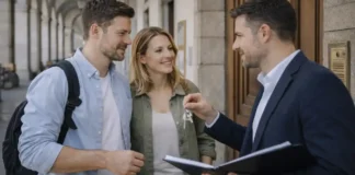 Ипотека в Италии на первый дом 2026: как получить, документы, гарант и Prima Casa Семья и консультант у дома в Италии, обсуждают ипотеку и документы, Турин, дневной свет Ипотека в Италии на первый дом - шаги, документы, Prima Casa и советы