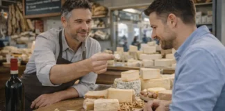 Типичные итальянские сыры: список DOP и IGP, что такое PAT и как выбрать «правильный» сыр Итальянские сыры DOP и IGP: сырная тарелка и покупка на рынке в Италии Премиальная фотореалистичная сцена про итальянские сыры - рынок или гастробутик, сырная витрина и сырная тарелка, без текста и логотипов.