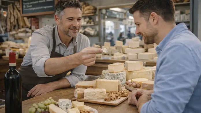 Итальянские сыры DOP и IGP: сырная тарелка и покупка на рынке в Италии Премиальная фотореалистичная сцена про итальянские сыры - рынок или гастробутик, сырная витрина и сырная тарелка, без текста и логотипов.