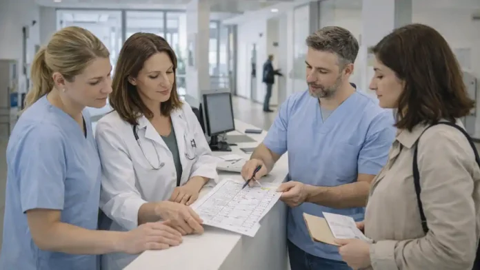 Кризис здравоохранения в Турине: больница и медперсонал Современный вход в городскую больницу Турина, на переднем плане медработники и пациенты