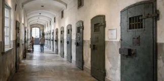 Музей Новой тюрьмы в Турине Le Nuove: билеты, экскурсии, история и как посетить Музей тюрьмы Le Nuove в Турине - коридор и двери камер Фотореалистичный широкий кадр 16:9, атмосфера музея Le Nuove без мрачной постановки, аккуратный свет, детали коридора и дверей камер, без текста.