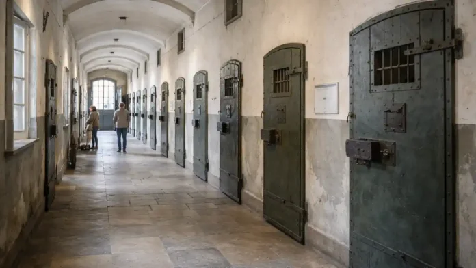 nuove-carcere-le-nuove-torino-museum Музей тюрьмы Le Nuove в Турине - коридор и двери камер Фотореалистичный широкий кадр 16:9, атмосфера музея Le Nuove без мрачной постановки, аккуратный свет, детали коридора и дверей камер, без текста.