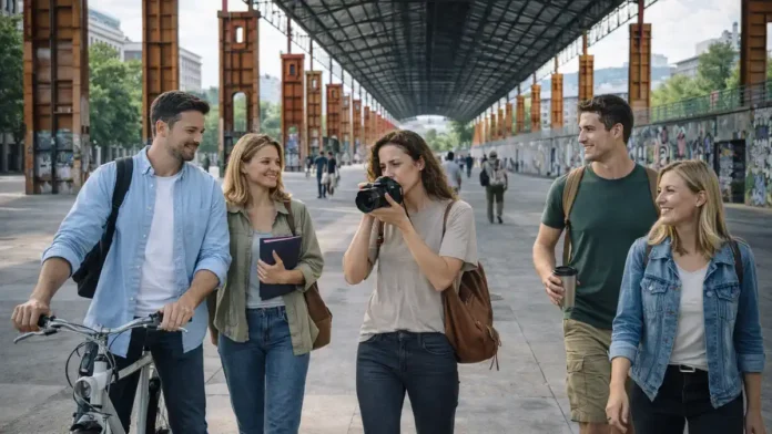 Парк Дора в Турине: постиндустриальный парк Parco Dora и навес Lotto Vital Parco Dora с индустриальными элементами, дорожками и зелеными зонами