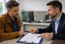 Убежище в Италии: статус беженца, субсидиарная и специальная защита — полный гид 2026 Убежище в Италии 2026 - статус беженца и виды защиты в современном офисе в Италии: специалист и заявитель обсуждают документы, нейтральная деловая атмосфера