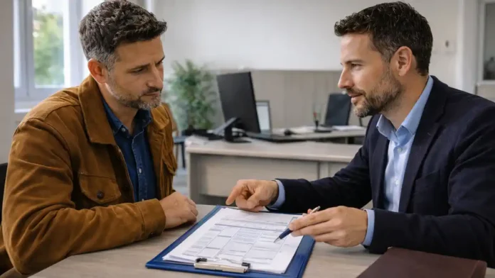 Убежище в Италии 2026 - статус беженца и виды защиты в современном офисе в Италии: специалист и заявитель обсуждают документы, нейтральная деловая атмосфера