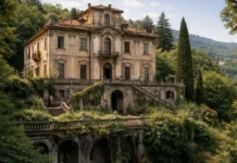 Вилла Беккер в Турине: заброшенный дворец на холме, история и легенды Вилла Беккер в Турине на холме - заброшенная историческая вилла заброшенной виллы на туринском холме, без людей крупным планом, с акцентом на фасад и атмосферу места