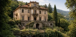 Вилла Беккер в Турине: заброшенный дворец на холме, история и легенды Вилла Беккер в Турине на холме - заброшенная историческая вилла заброшенной виллы на туринском холме, без людей крупным планом, с акцентом на фасад и атмосферу места