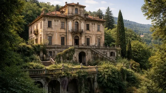 Вилла Беккер в Турине на холме - заброшенная историческая вилла заброшенной виллы на туринском холме, без людей крупным планом, с акцентом на фасад и атмосферу места