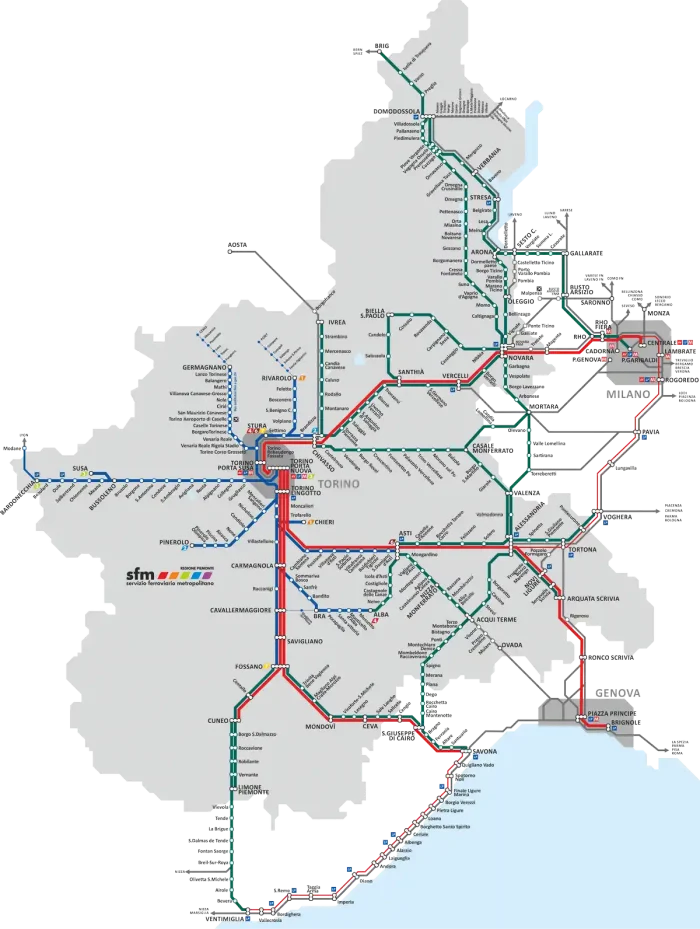 Карта схема железнодорожных линий (плюс метрополитен по типу SFM) регионов Пьемонт и части Лигурии Италия ниже расшифровка